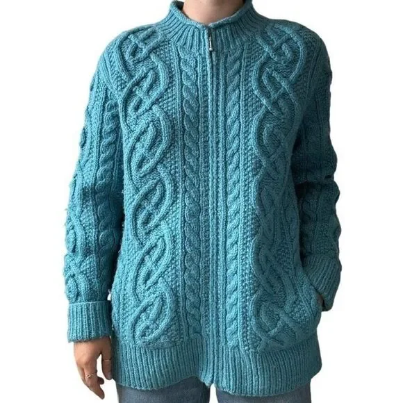 Vintage Womens Teal Blue 100% Wool Chunky Fisherman Celtic Cardigan Sz L - Picture 3 of 6